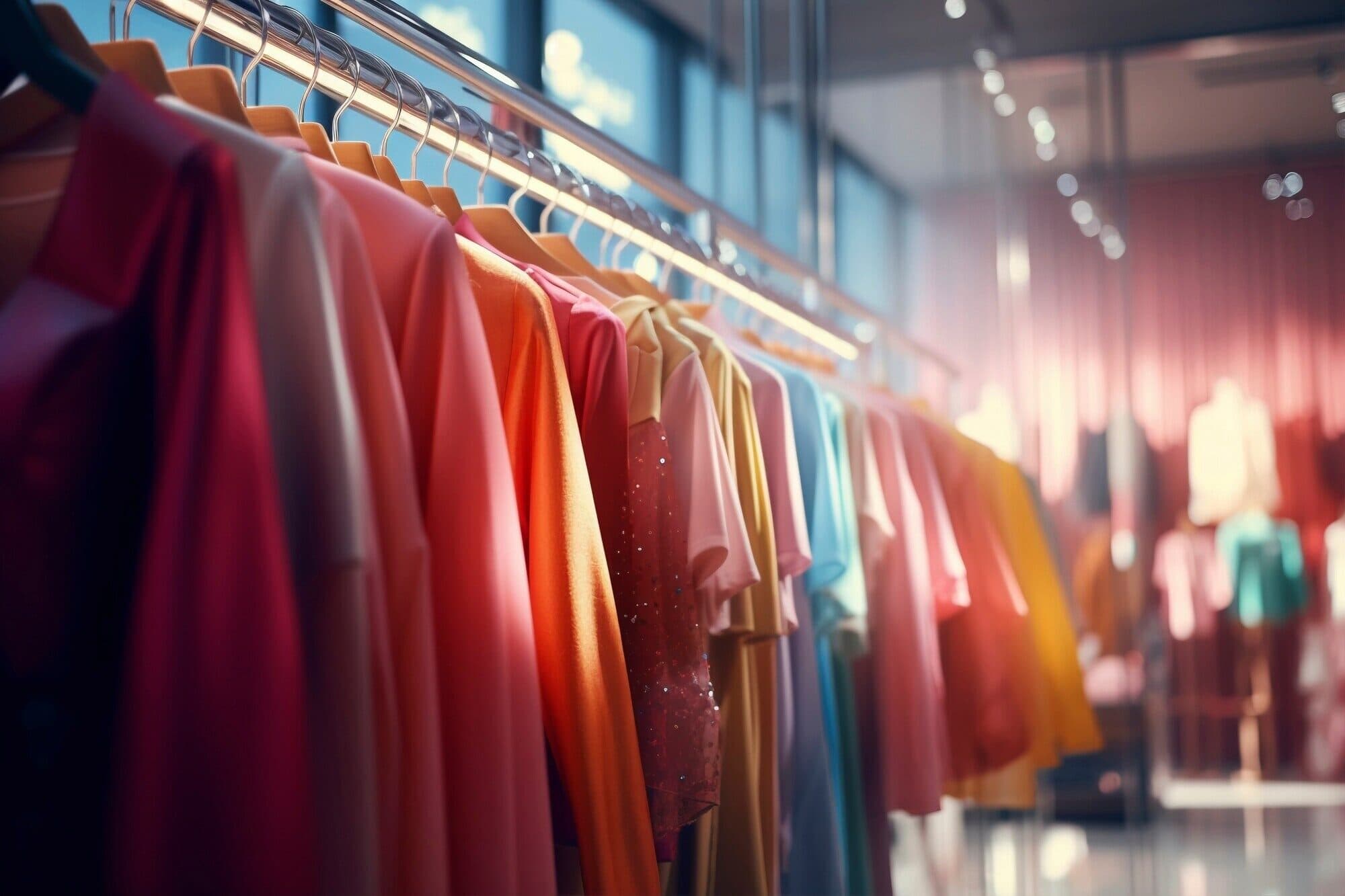 Folded apparel and merchandise on boutique shelves.
